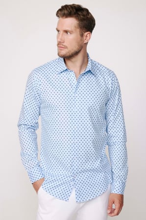 Slim Fit Likralı Baskılı Pamuklu Mavi Erkek Gömlek