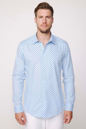 Slim Fit Likralı Baskılı Pamuklu Mavi Erkek Gömlek