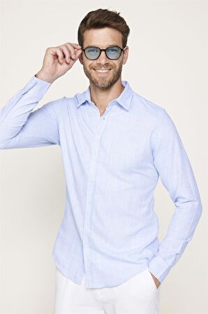 Slim Fit Pamuklu Keten Düz Yazlık Erkek Mavi Gömlek