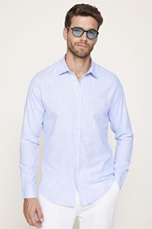 Slim Fit Pamuklu Keten Düz Yazlık Erkek Mavi Gömlek
