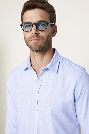 Slim Fit Pamuklu Keten Düz Yazlık Erkek Mavi Gömlek