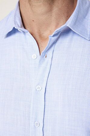 Slim Fit Pamuklu Keten Düz Yazlık Erkek Mavi Gömlek
