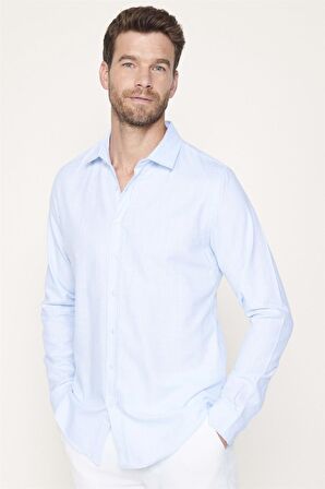 Slim Fit Pamuklu Keten Düz Yazlık Erkek Mavi Gömlek