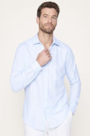 Slim Fit Pamuklu Keten Düz Yazlık Erkek Mavi Gömlek