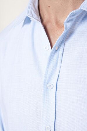 Slim Fit Pamuklu Keten Düz Yazlık Erkek Mavi Gömlek