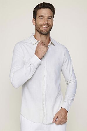 Slim Fit Pamuklu Keten Düz Yazlık Erkek Sarı Gömlek