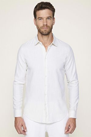 Slim Fit Pamuklu Keten Düz Yazlık Erkek Sarı Gömlek
