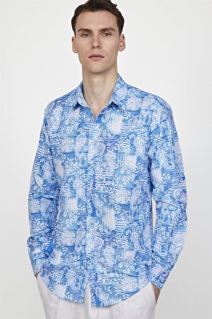 Tudors Slim Fit Baskılı Desenli Kolay Ütü Yaka Düğmeli Gömlek