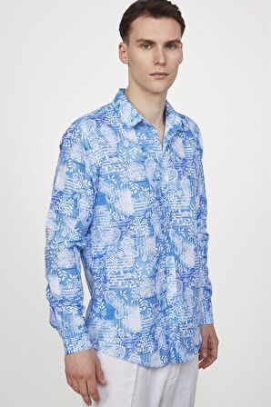 Tudors Slim Fit Baskılı Desenli Kolay Ütü Yaka Düğmeli Gömlek