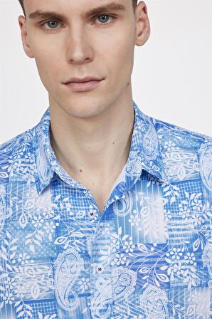 Tudors Slim Fit Baskılı Desenli Kolay Ütü Yaka Düğmeli Gömlek