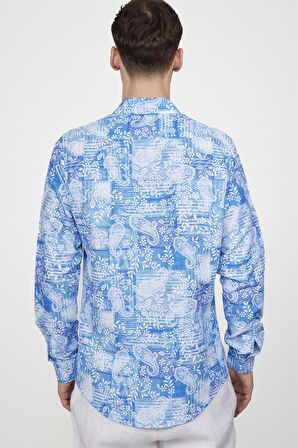 Tudors Slim Fit Baskılı Desenli Kolay Ütü Yaka Düğmeli Gömlek