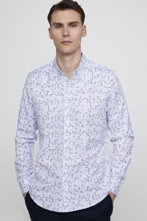 Tudors Slim Fit Uzun Kol Baskılı Yaka Biyeli Beyaz Gömlek