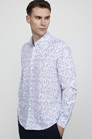Tudors Slim Fit Uzun Kol Baskılı Yaka Biyeli Beyaz Gömlek