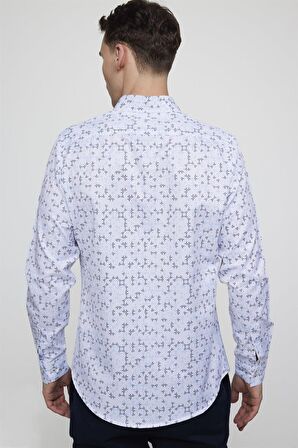 Tudors Slim Fit Uzun Kol Baskılı Yaka Biyeli Beyaz Gömlek