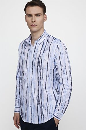 Tudors Slim Fit Uzun Kol Baskılı Yaka Biyeli Beyaz Gömlek