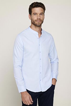 Slim Fit Hakim Yaka Pamuklu Kolay Ütü Erkek Mavi Gömlek