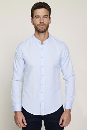 Slim Fit Hakim Yaka Pamuklu Kolay Ütü Erkek Mavi Gömlek