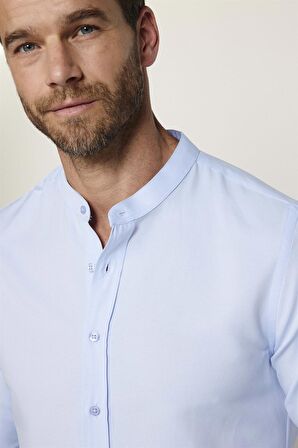 Slim Fit Hakim Yaka Pamuklu Kolay Ütü Erkek Mavi Gömlek