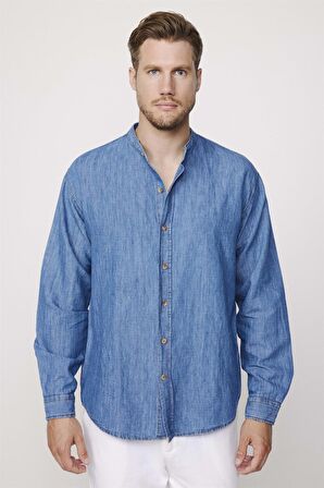 Relax Fit Uzun Kol Hakim Yaka Mavi Denim Kot Gömlek