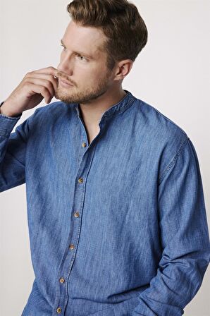 Relax Fit Uzun Kol Hakim Yaka Mavi Denim Kot Gömlek