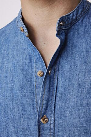 Relax Fit Uzun Kol Hakim Yaka Mavi Denim Kot Gömlek