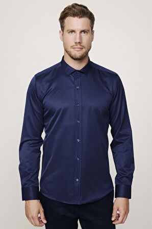 Modern Slim Fit Düz Saten Pamuklu Erkek Lacivert Gömlek