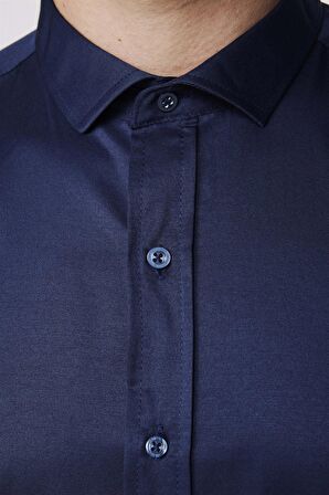 Modern Slim Fit Düz Saten Pamuklu Erkek Lacivert Gömlek