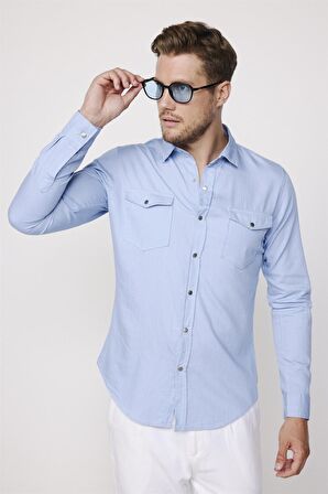 Slim Fit Uzun Kol Kot Çift Cep Çıtçıtlı Denim Mavi Erkek Gömlek