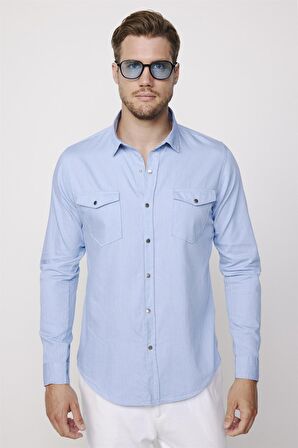 Slim Fit Uzun Kol Kot Çift Cep Çıtçıtlı Denim Mavi Erkek Gömlek