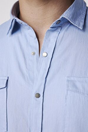 Slim Fit Uzun Kol Kot Çift Cep Çıtçıtlı Denim Mavi Erkek Gömlek