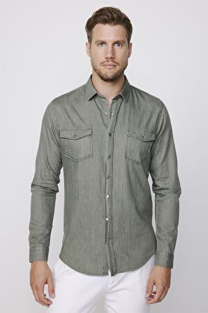 Slim Fit Uzun Kol Kot Çift Cep Çıtçıtlı Denim Erkek Haki Gömlek