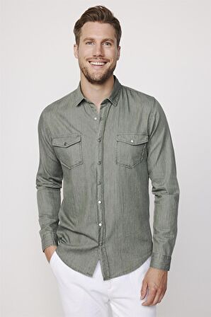 Slim Fit Uzun Kol Kot Çift Cep Çıtçıtlı Denim Erkek Haki Gömlek