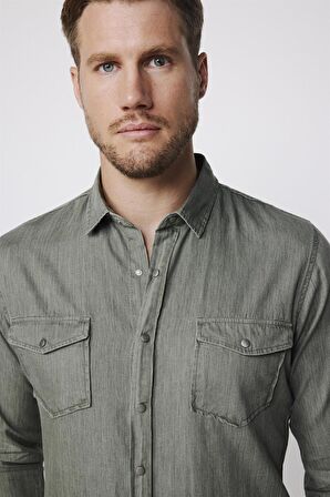 Slim Fit Uzun Kol Kot Çift Cep Çıtçıtlı Denim Erkek Haki Gömlek