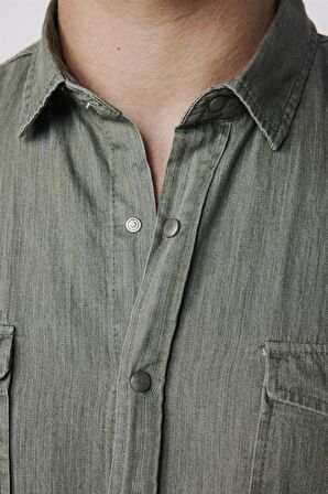 Slim Fit Uzun Kol Kot Çift Cep Çıtçıtlı Denim Erkek Haki Gömlek