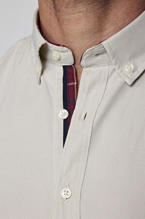 Slim Fit Kısa Kol Düğmeli Yaka Poplin Oxford Erkek Krem Gömlek