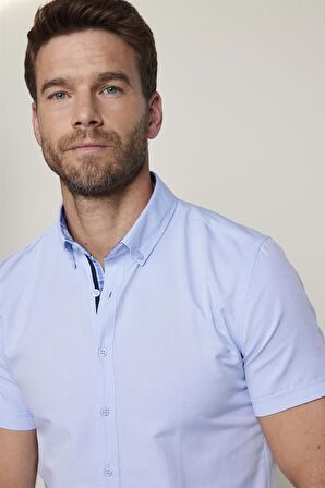 Slim Fit Kısa Kol Düğmeli Yaka Poplin Oxford Erkek Mavi Gömlek