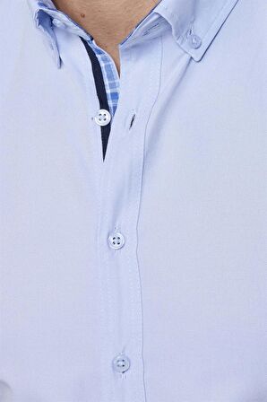 Slim Fit Kısa Kol Düğmeli Yaka Poplin Oxford Erkek Mavi Gömlek