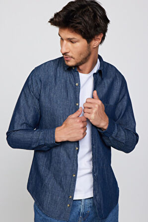 Slim Fit Uzun Kollu Tek Cep Denim Kot Lacivert Erkek Gömlek