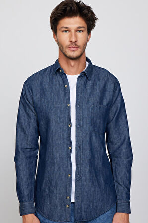 Slim Fit Uzun Kollu Tek Cep Denim Kot Lacivert Erkek Gömlek