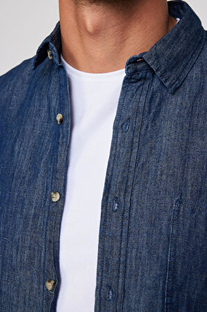 Slim Fit Uzun Kollu Tek Cep Denim Kot Lacivert Erkek Gömlek