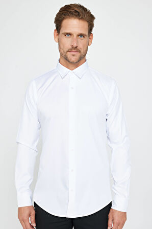 Slim Fit Uzun Kollu Likralı Düz Stretch Beyaz Erkek Gömlek