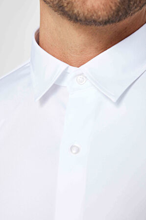 Slim Fit Uzun Kollu Likralı Düz Stretch Beyaz Erkek Gömlek