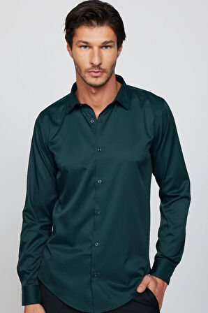 Slim Fit Uzun Kollu Likralı Düz Stretch Yeşil Erkek Gömlek