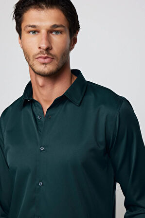 Slim Fit Uzun Kollu Likralı Düz Stretch Yeşil Erkek Gömlek