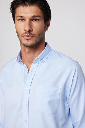 Erkek Regular Fit Klasik Kesim Pamuklu Kolay Ütü Oxford Düz Mavi Gömlek