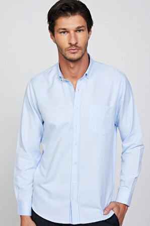 Erkek Regular Fit Klasik Kesim Pamuklu Kolay Ütü Oxford Düz Mavi Gömlek