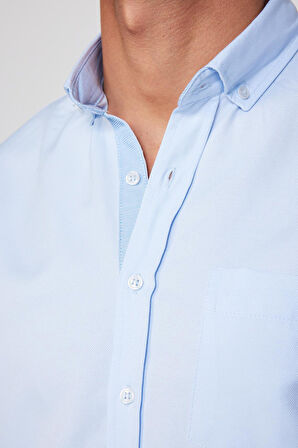 Erkek Regular Fit Klasik Kesim Pamuklu Kolay Ütü Oxford Düz Mavi Gömlek