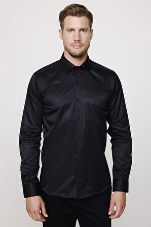 Modern Slim Fit Düz Saten Pamuklu Erkek Lacivert Gömlek