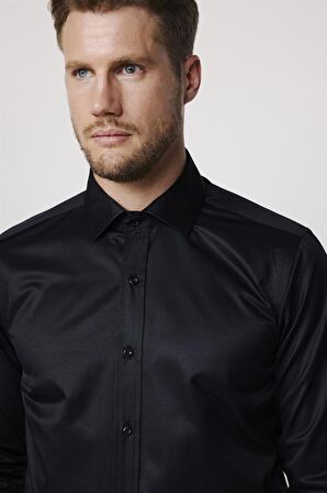 Modern Slim Fit Düz Saten Pamuklu Erkek Lacivert Gömlek