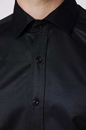 Modern Slim Fit Düz Saten Pamuklu Erkek Lacivert Gömlek